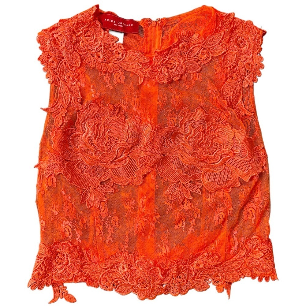 AKIRA Orange Red Label Back Zip Up Floral Lace Blouse Size Small